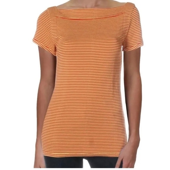 We The Free Orange & Cream Striped Square Neck Short Sleeve Baby Tee Women's S - Picture 1 of 10